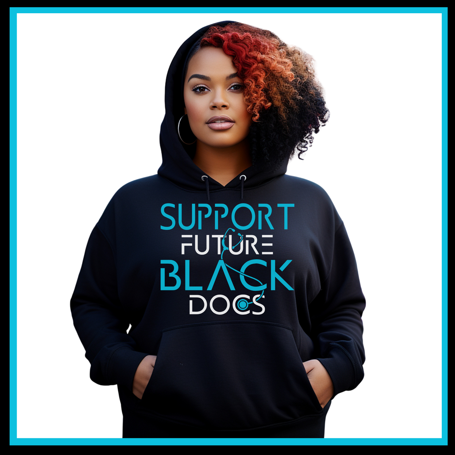 Black Hoodie showcasing Support Future Black Doctors design, advocating for the future success of aspiring black medical professionals.