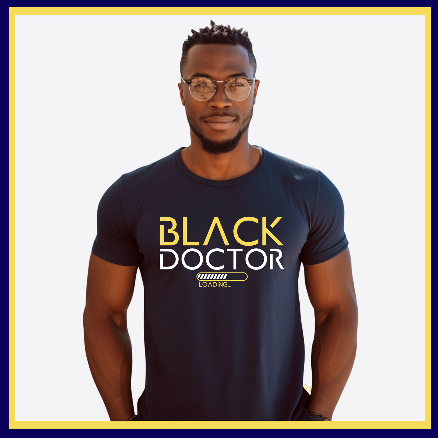 Navy Blue T-Shirt showcasing Black Doctor Loading design, advocating for diversity in the medical profession and inspiring future doctors.