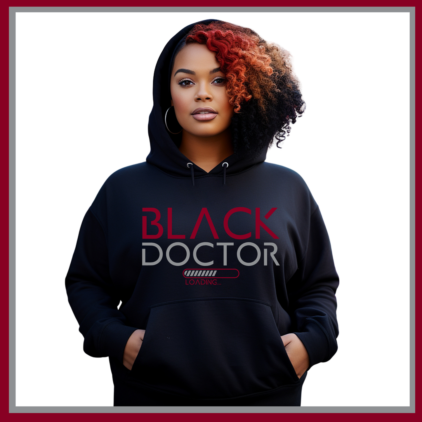 Black Hoodie featuring Black Doctor Loading design, a statement piece for aspiring doctors dedicated to increasing diversity in medicine.