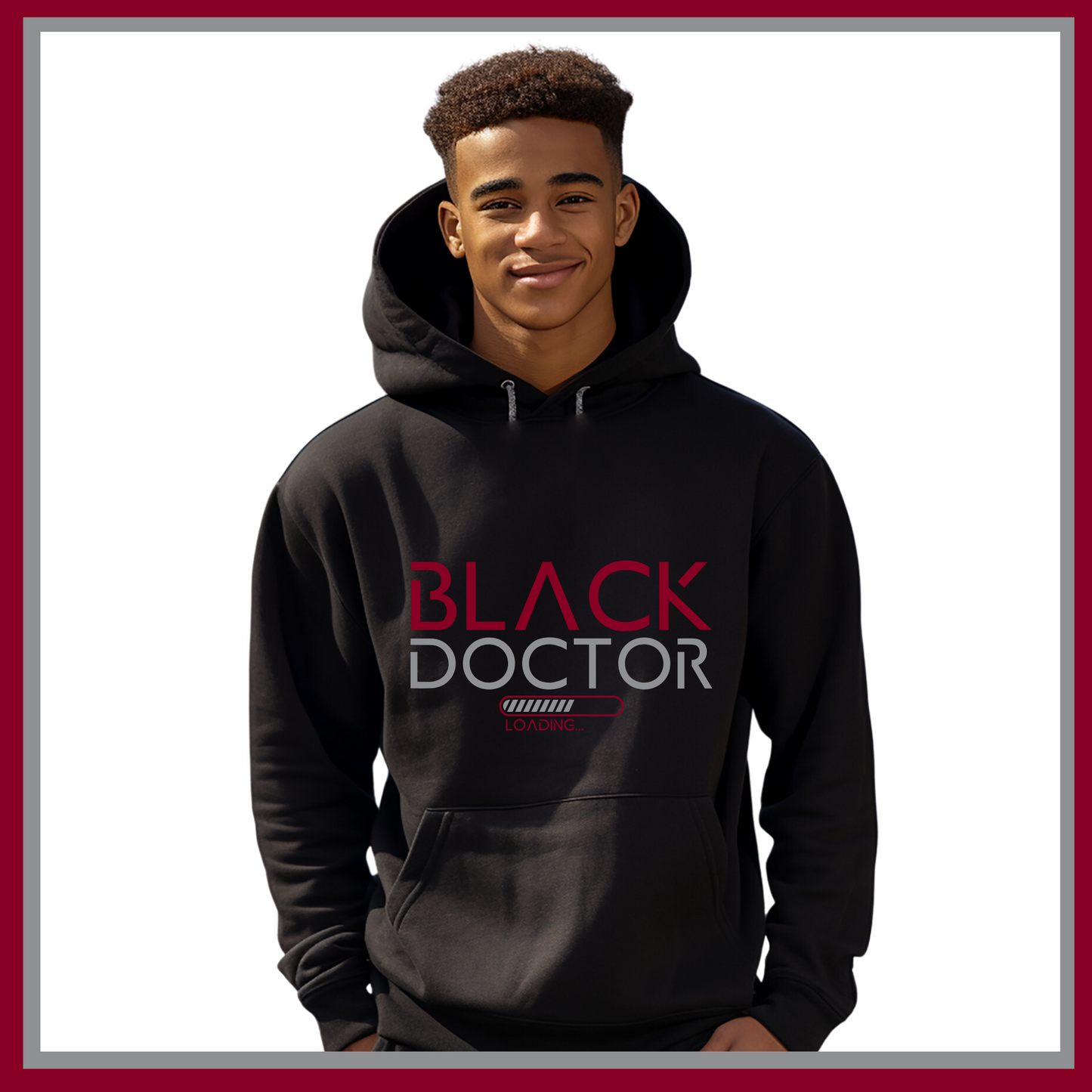 Black Hoodie featuring Black Doctor Loading design, a statement piece for aspiring doctors dedicated to increasing diversity in medicine.