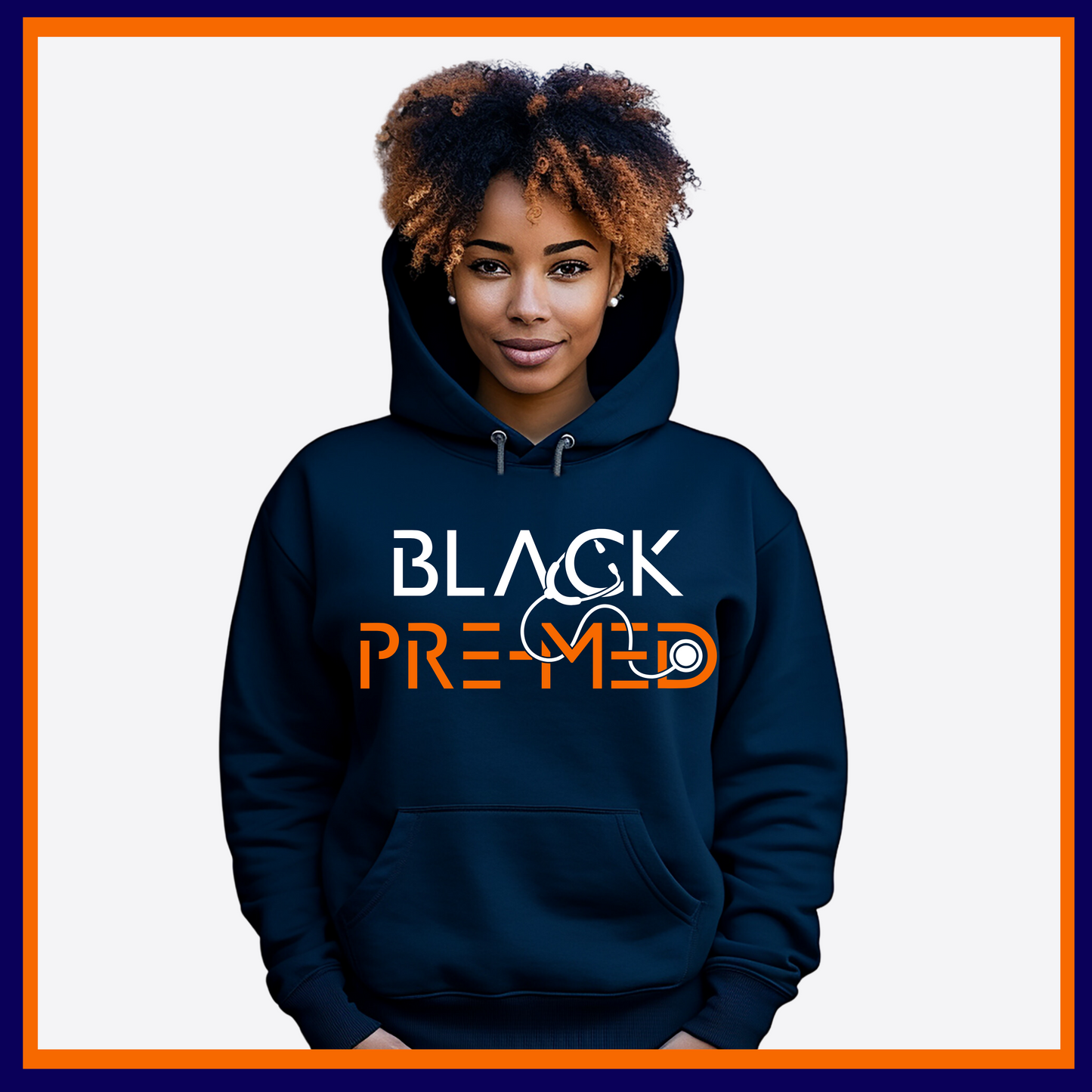 Navy Blue Hoodie with Black Pre-Med design, ideal for aspiring medical professionals passionate about their journey to medical school.
