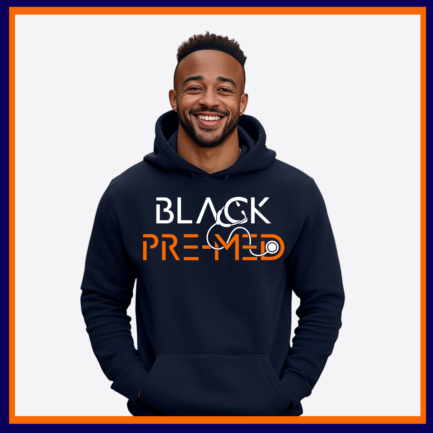 Navy Blue Hoodie with Black Pre-Med design, ideal for aspiring medical professionals passionate about their journey to medical school.