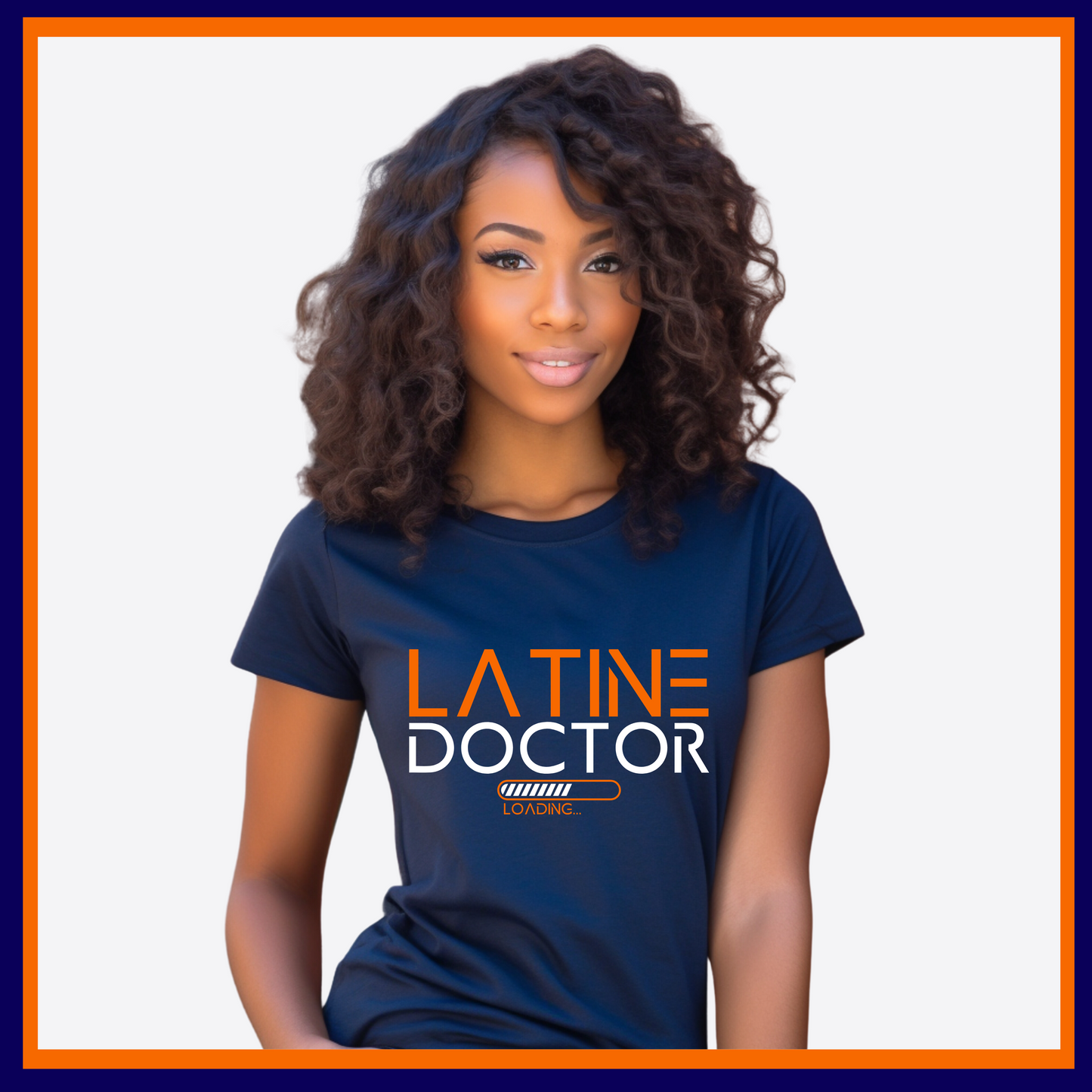 Navy Blue T-Shirt with Latine Doctor Loading design, representing the aspirations of Latinx individuals pursuing a career in medicine.