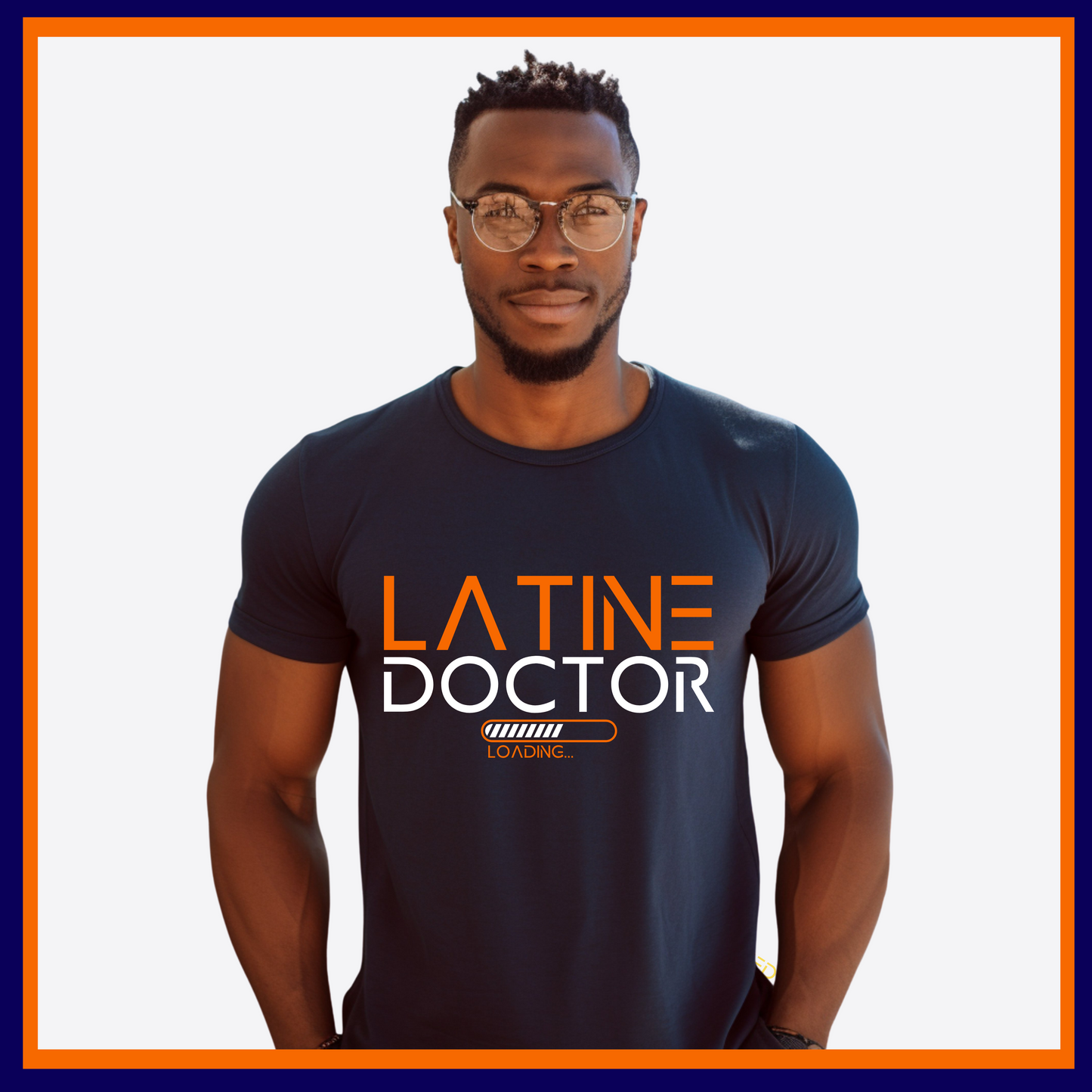 Navy Blue T-Shirt with Latine Doctor Loading design, representing the aspirations of Latinx individuals pursuing a career in medicine.