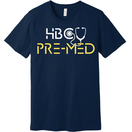 Navy Blue T-Shirt featuring HBCU Pre-Med design, great for showing dedication to the pre-medical journey and aspiring to become a doctor.