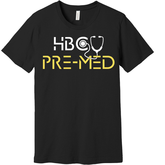 Black T-Shirt featuring HBCU Pre-Med design, great for showing dedication to the pre-medical journey and aspiring to become a doctor.