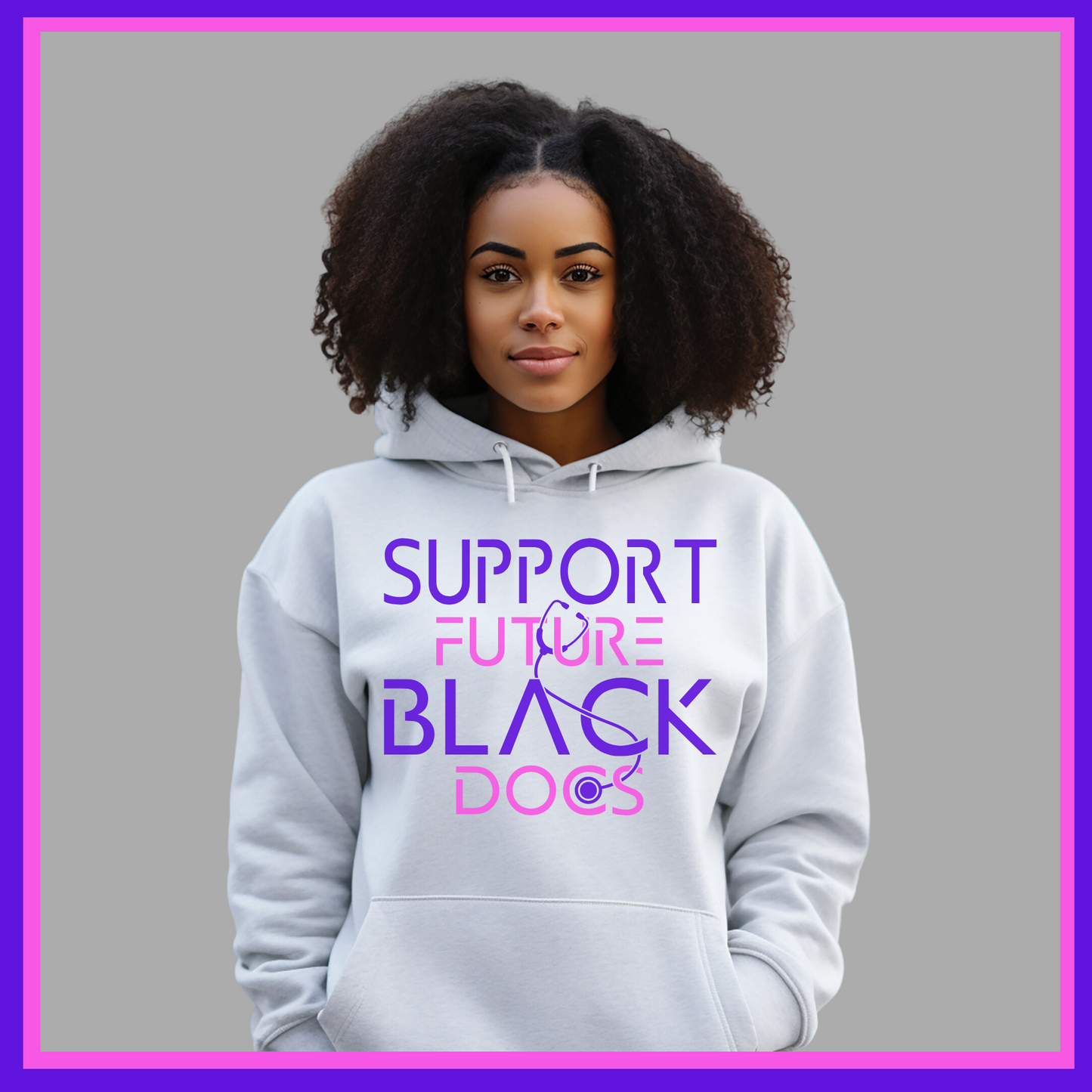 White Hoodie showcasing Support Future Black Doctors design, advocating for the future success of aspiring black medical professionals.