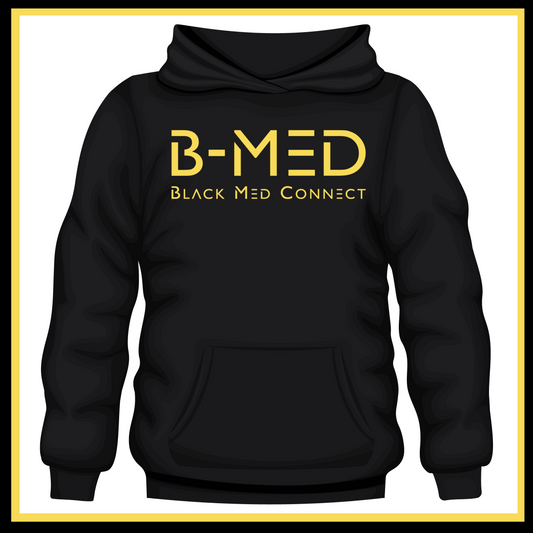Black Hoodie featuring the Signature "B-MED Black Med Connect" design, embodying inspiration, empowerment, and Black excellence for Black doctors.