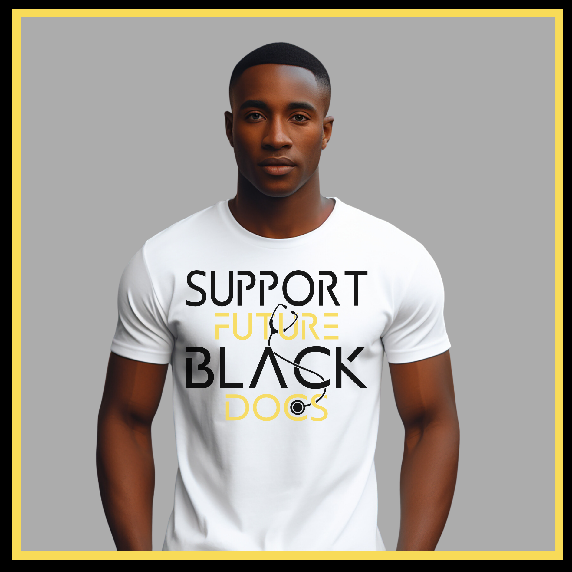 White T-Shirt featuring Support Future Black Doctors design, supporting the future success of aspiring black medical professionals.