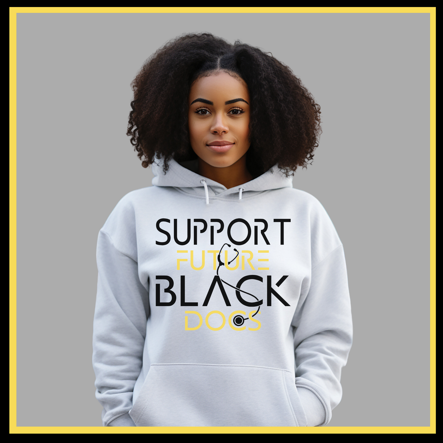 White Hoodie showcasing Support Future Black Doctors design, advocating for the future success of aspiring black medical professionals.