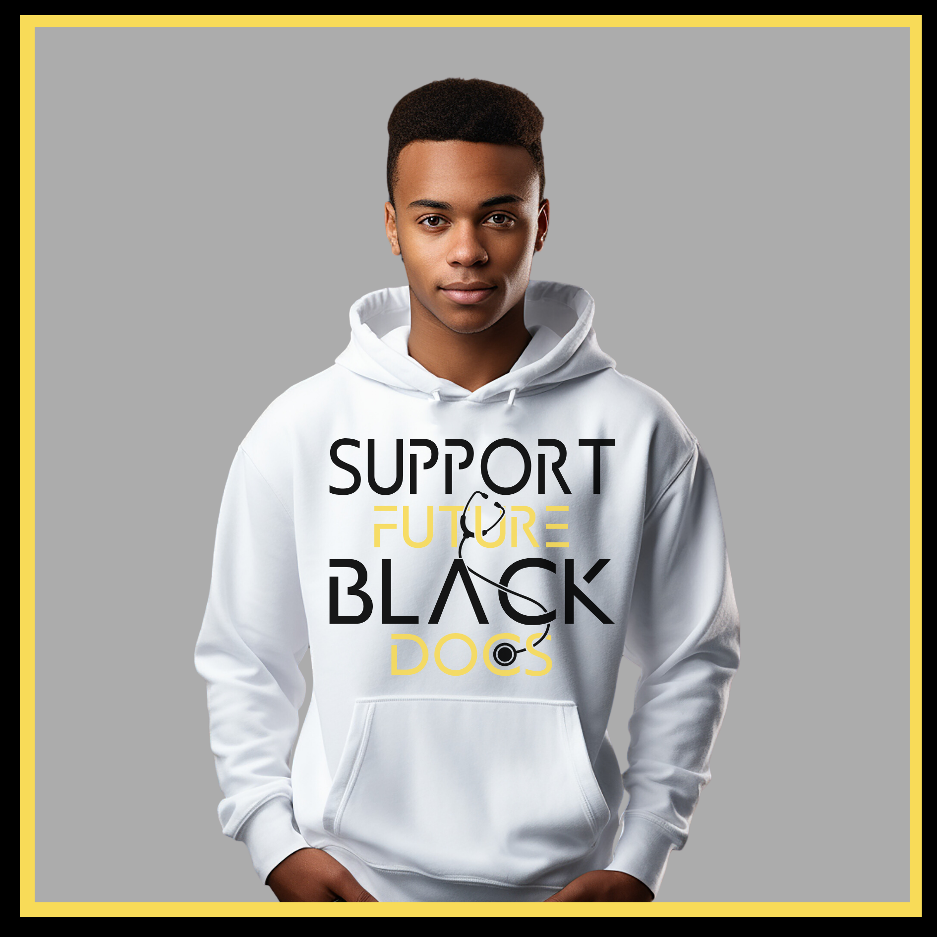 White Hoodie showcasing Support Future Black Doctors design, advocating for the future success of aspiring black medical professionals.