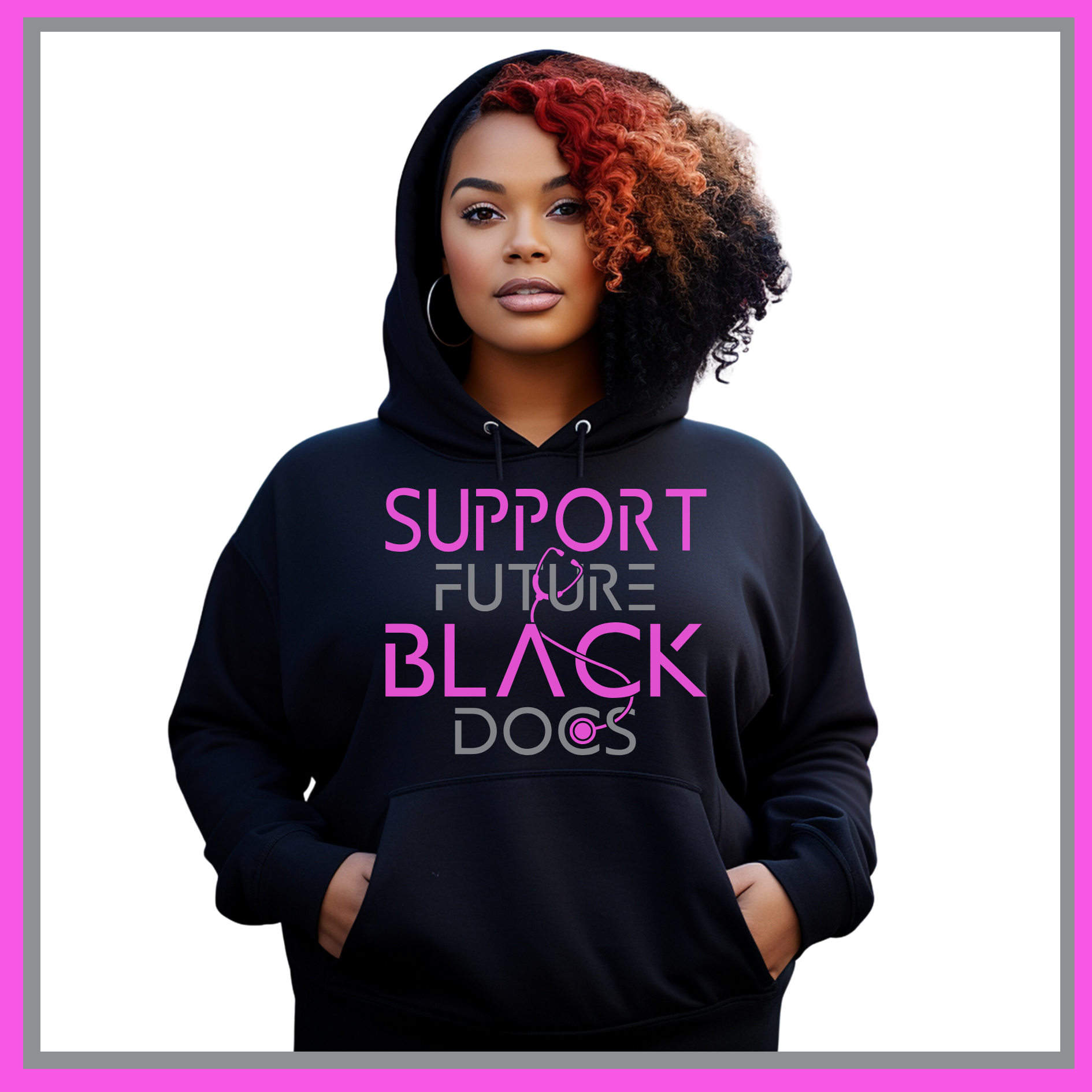 Black Hoodie showcasing Support Future Black Doctors design, advocating for the future success of aspiring black medical professionals.