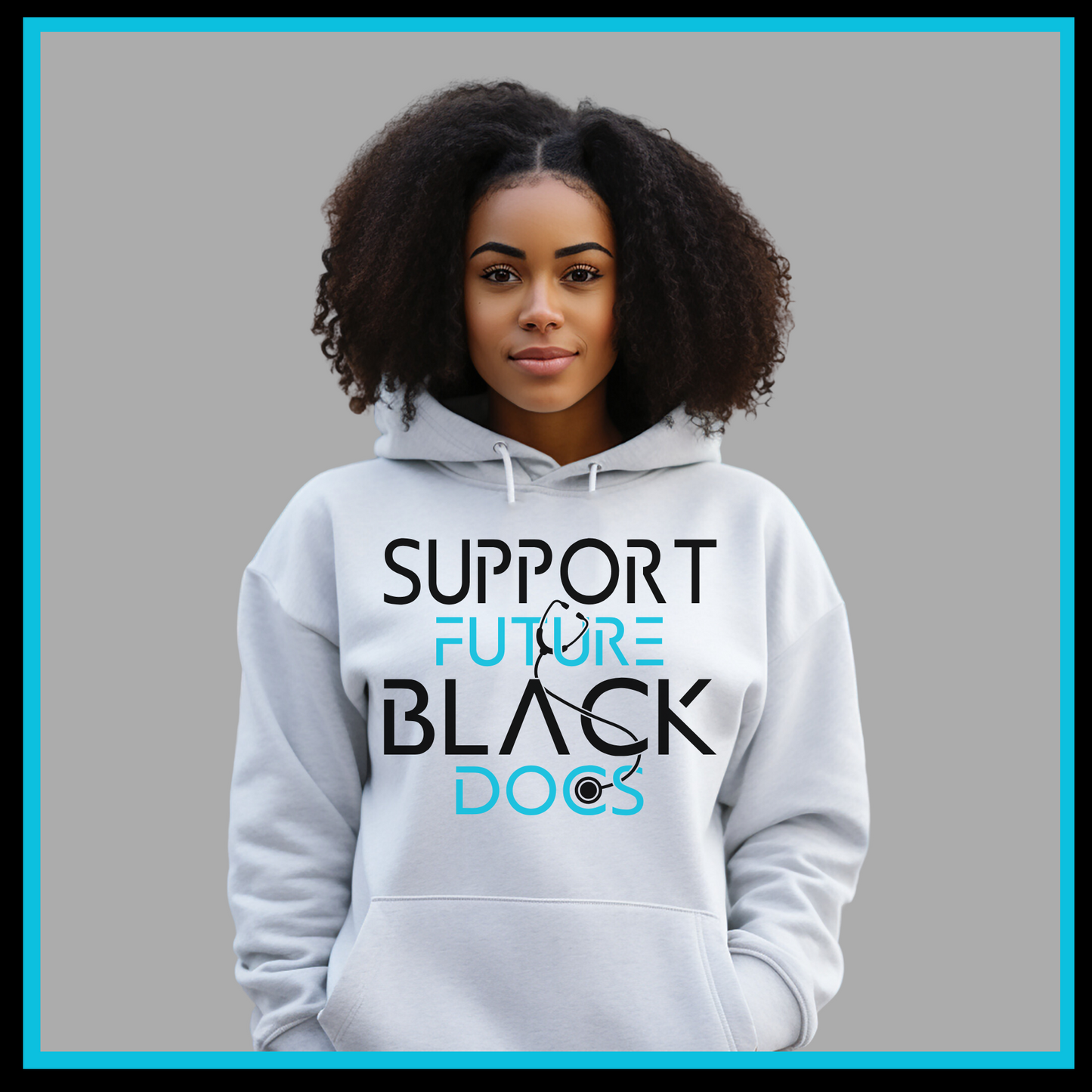 White Hoodie showcasing Support Future Black Doctors design, advocating for the future success of aspiring black medical professionals.