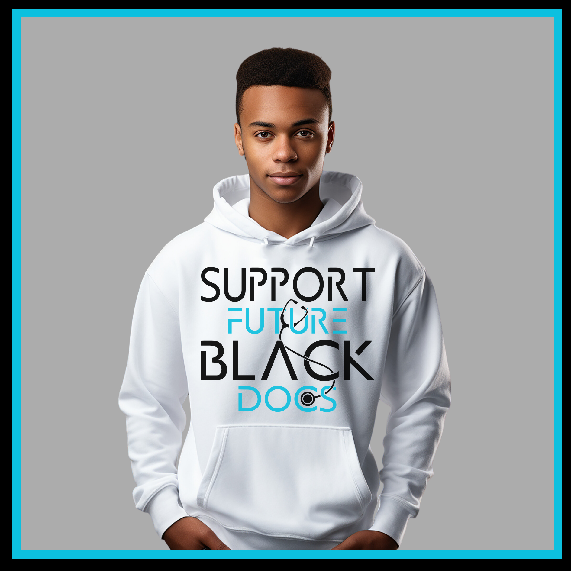 White Hoodie showcasing Support Future Black Doctors design, advocating for the future success of aspiring black medical professionals.