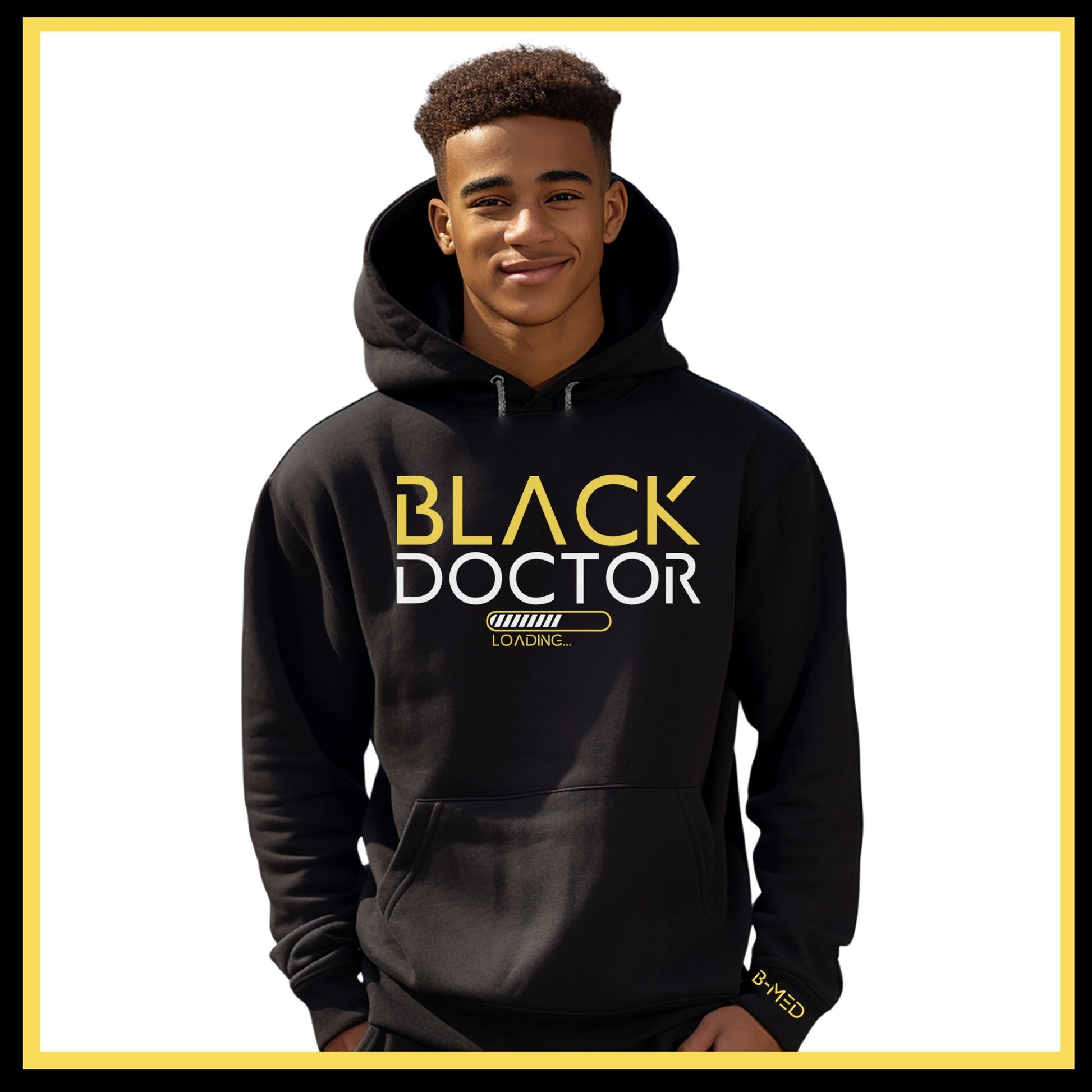 Black Hoodie featuring Black Doctor Loading design, a statement piece for aspiring doctors dedicated to increasing diversity in medicine.
