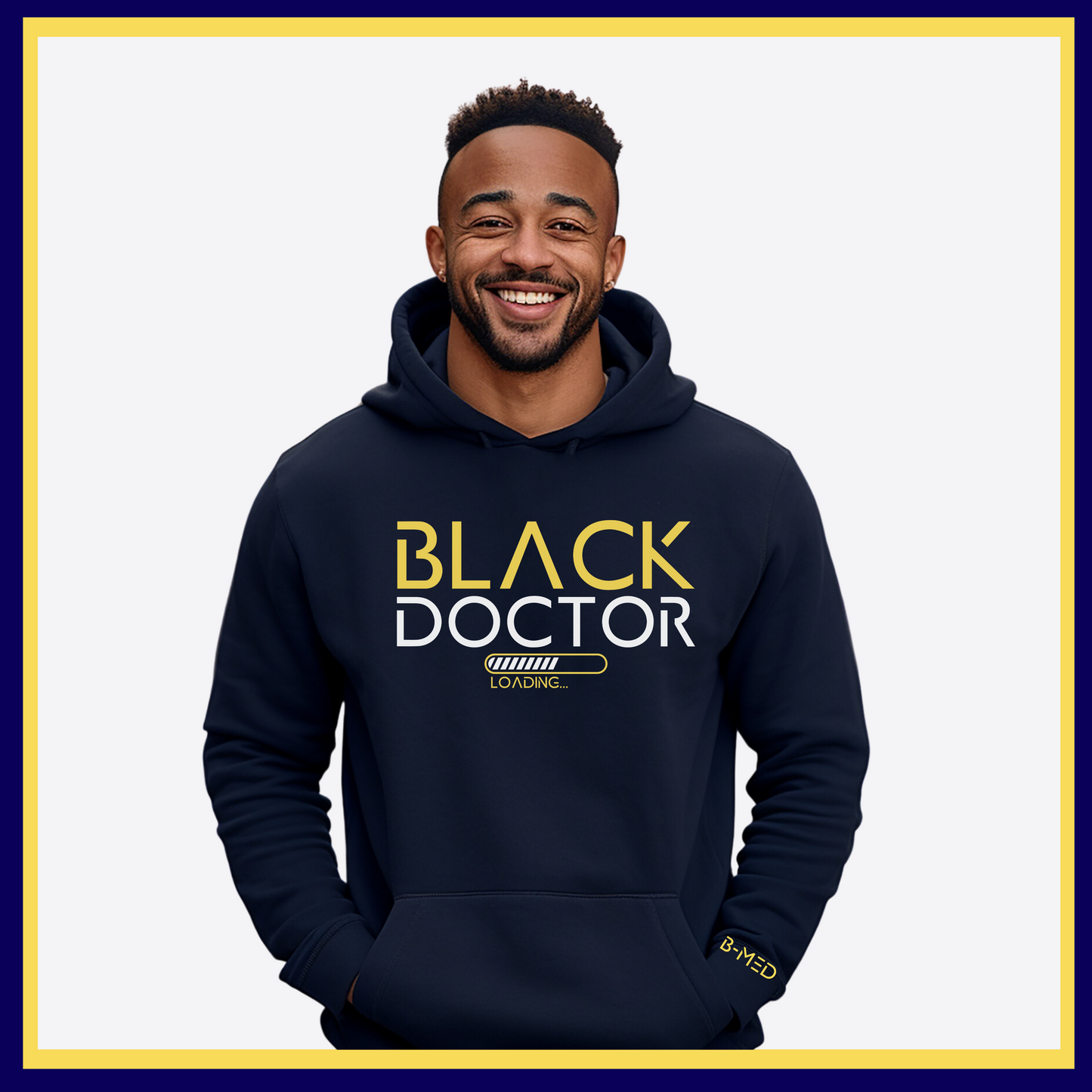 Navy Blue Hoodie featuring Black Doctor Loading design, a statement piece for aspiring doctors dedicated to increasing diversity in medicine.