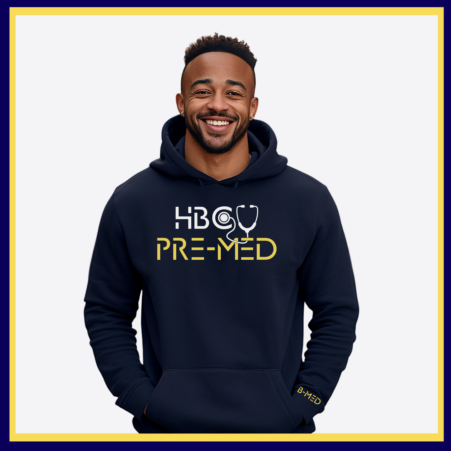 Navy Blue Hoodie with HBCU Pre-Med design, ideal for aspiring medical professionals passionate about their journey to medical school.