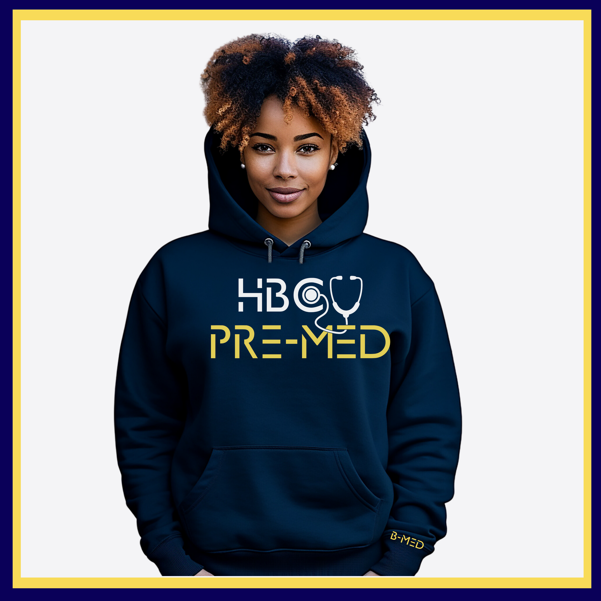 Navy Blue Hoodie with HBCU Pre-Med design, ideal for aspiring medical professionals passionate about their journey to medical school.