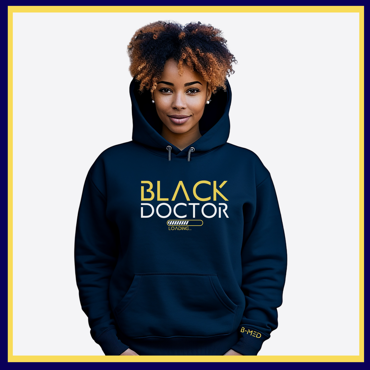 Navy Blue Hoodie featuring Black Doctor Loading design, a statement piece for aspiring doctors dedicated to increasing diversity in medicine.