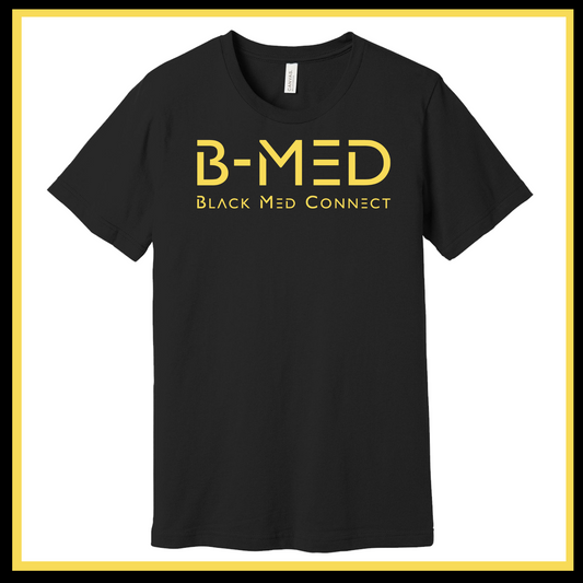 Black T-Shirt featuring the Signature "B-MED Black Med Connect" design, embodying inspiration, empowerment, and Black excellence for Black doctors.