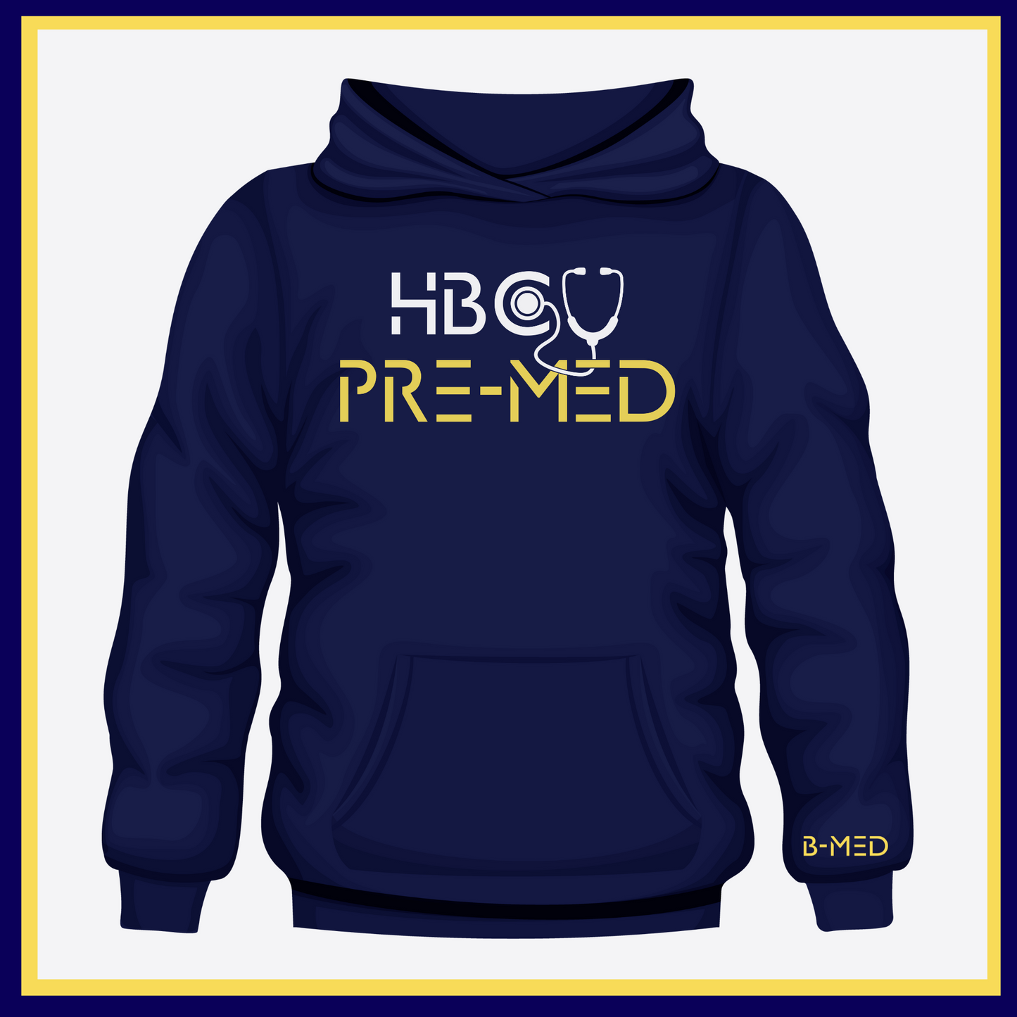 Navy Blue Hoodie with HBCU Pre-Med design, ideal for aspiring medical professionals passionate about their journey to medical school.