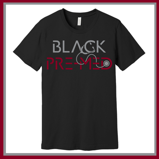 Black T-shirt with Black Pre-Med design, ideal for aspiring medical professionals passionate about their journey to medical school.