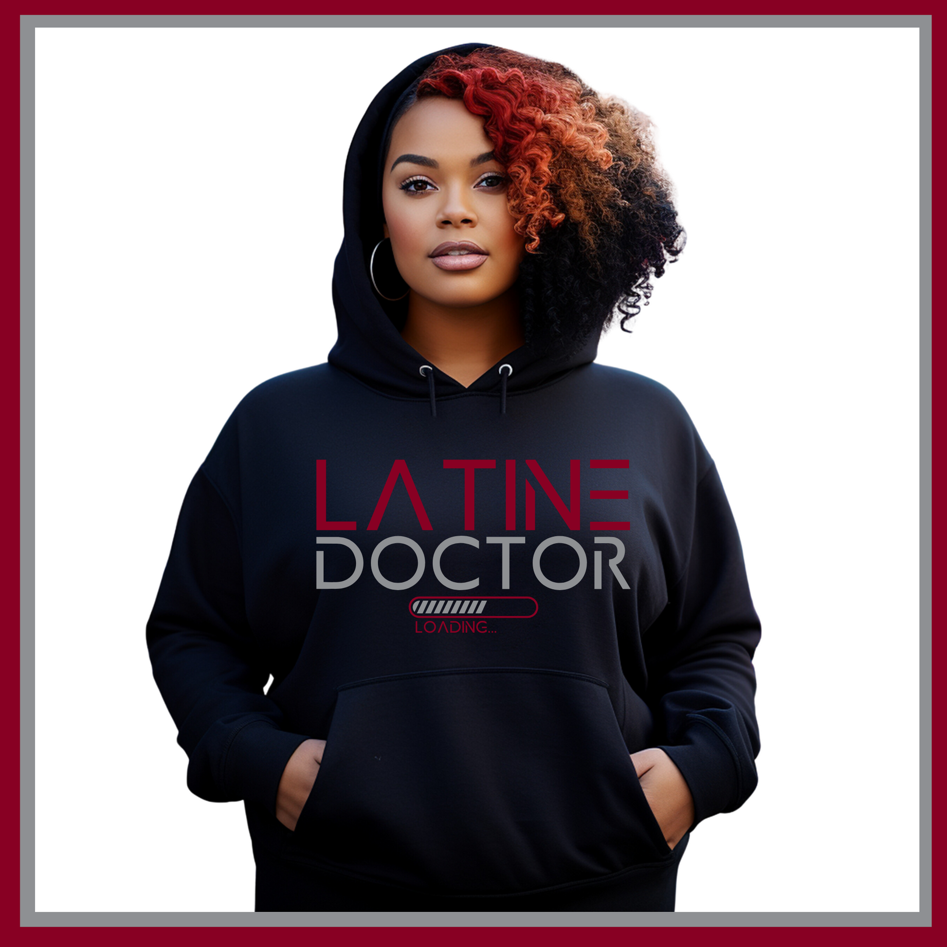 Black Hoodie with Latine Doctor Loading design, representing the journey of Latinx individuals aspiring to become doctors.