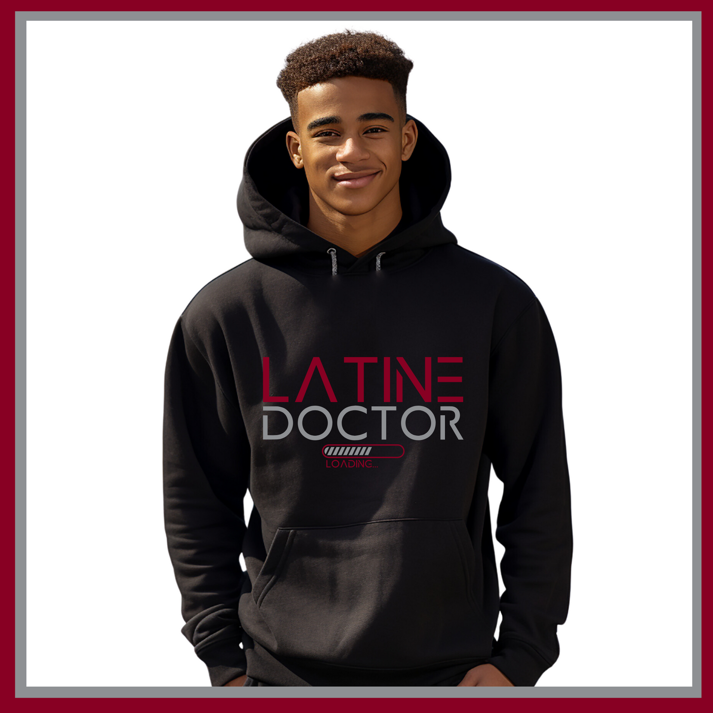 Black Hoodie with Latine Doctor Loading design, representing the journey of Latinx individuals aspiring to become doctors.