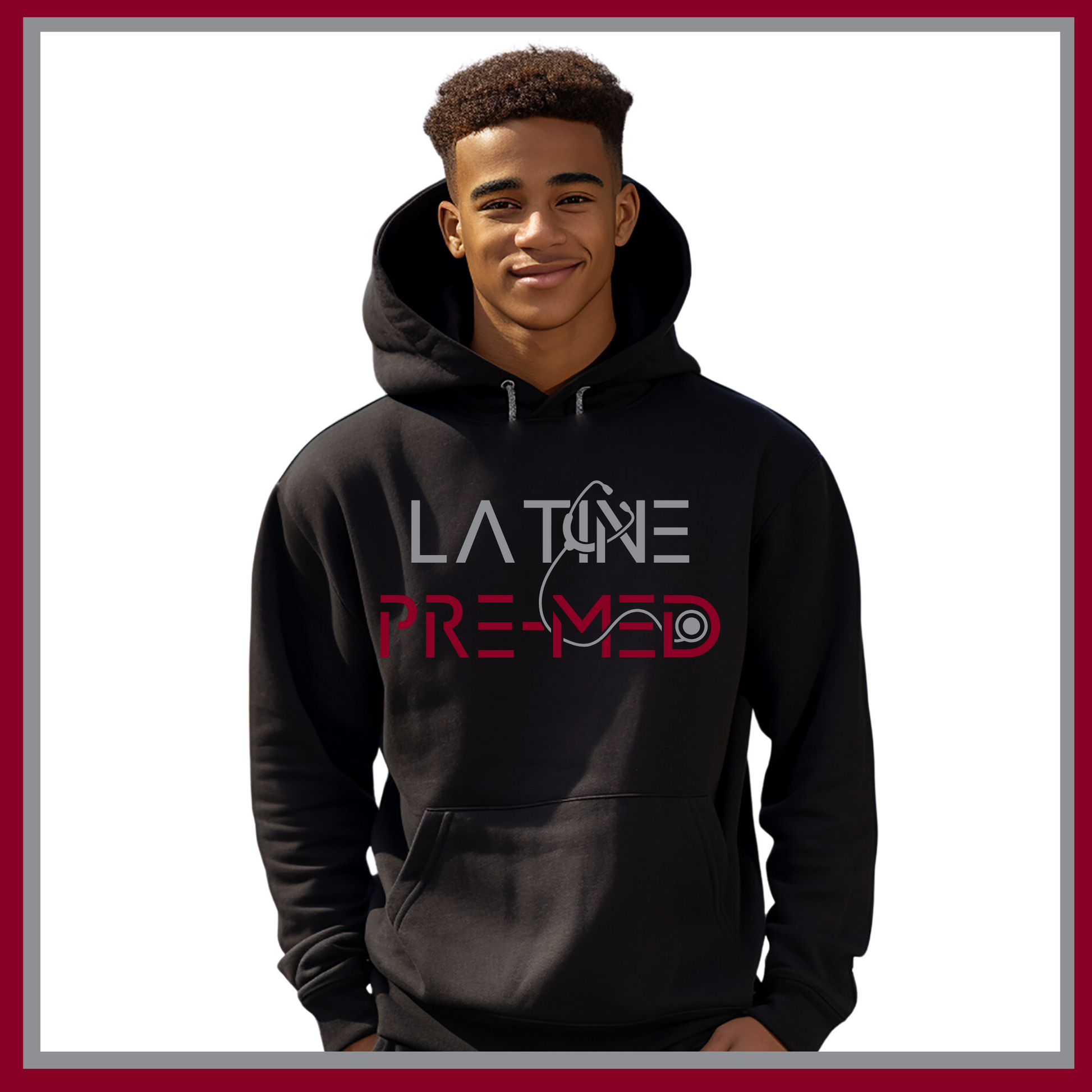 Black Hoodie with Latine Pre-Med design, ideal for aspiring medical professionals passionate about their journey to medical school.