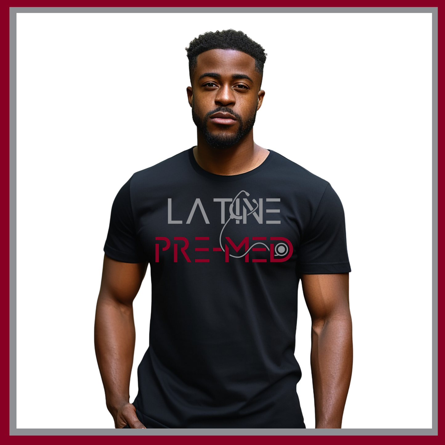 Black T-shirt with Latine Pre-Med design, ideal for aspiring medical professionals passionate about their journey to medical school.