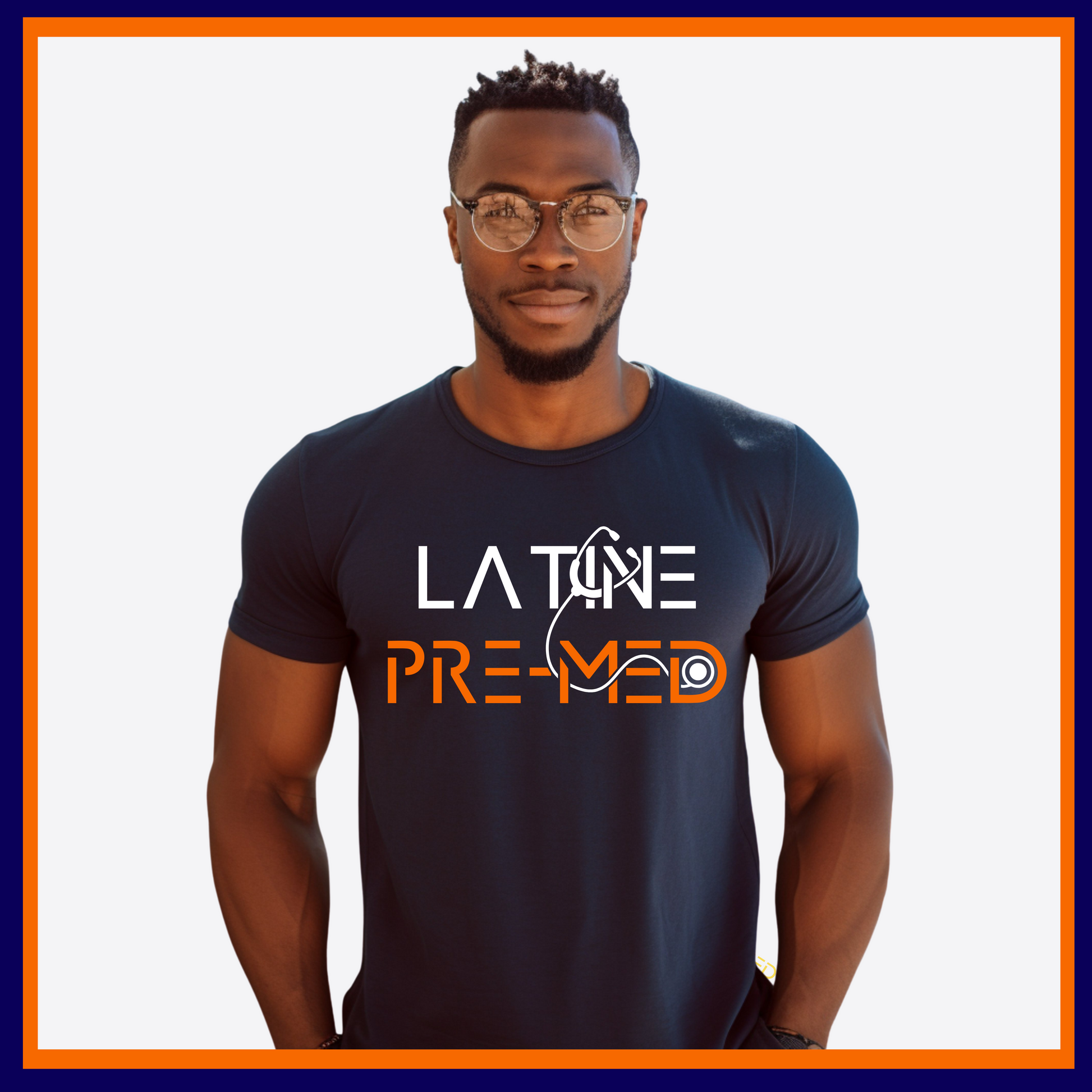 Navy Blue T-shirt with Latine Pre-Med design, ideal for aspiring medical professionals passionate about their journey to medical school.