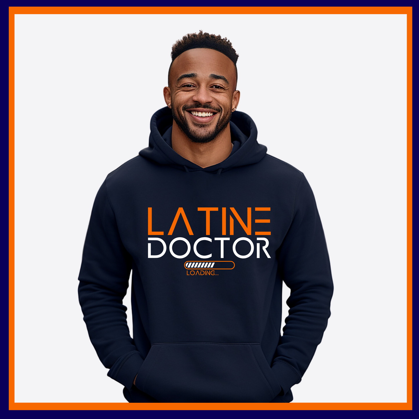 Navy Blue Hoodie with Latine Doctor Loading design, representing the journey of Latinx individuals aspiring to become doctors.