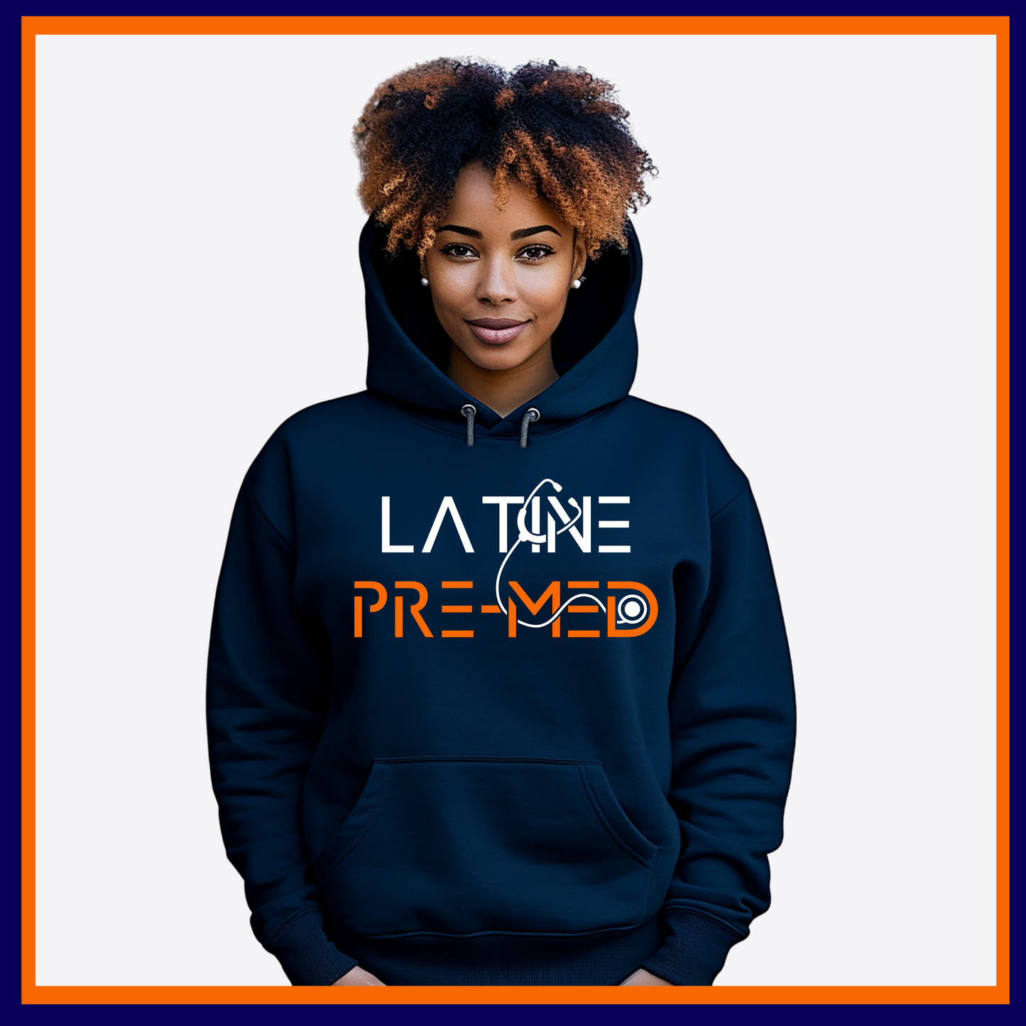 Navy Blue Hoodie with Latine Pre-Med design, ideal for aspiring medical professionals passionate about their journey to medical school.