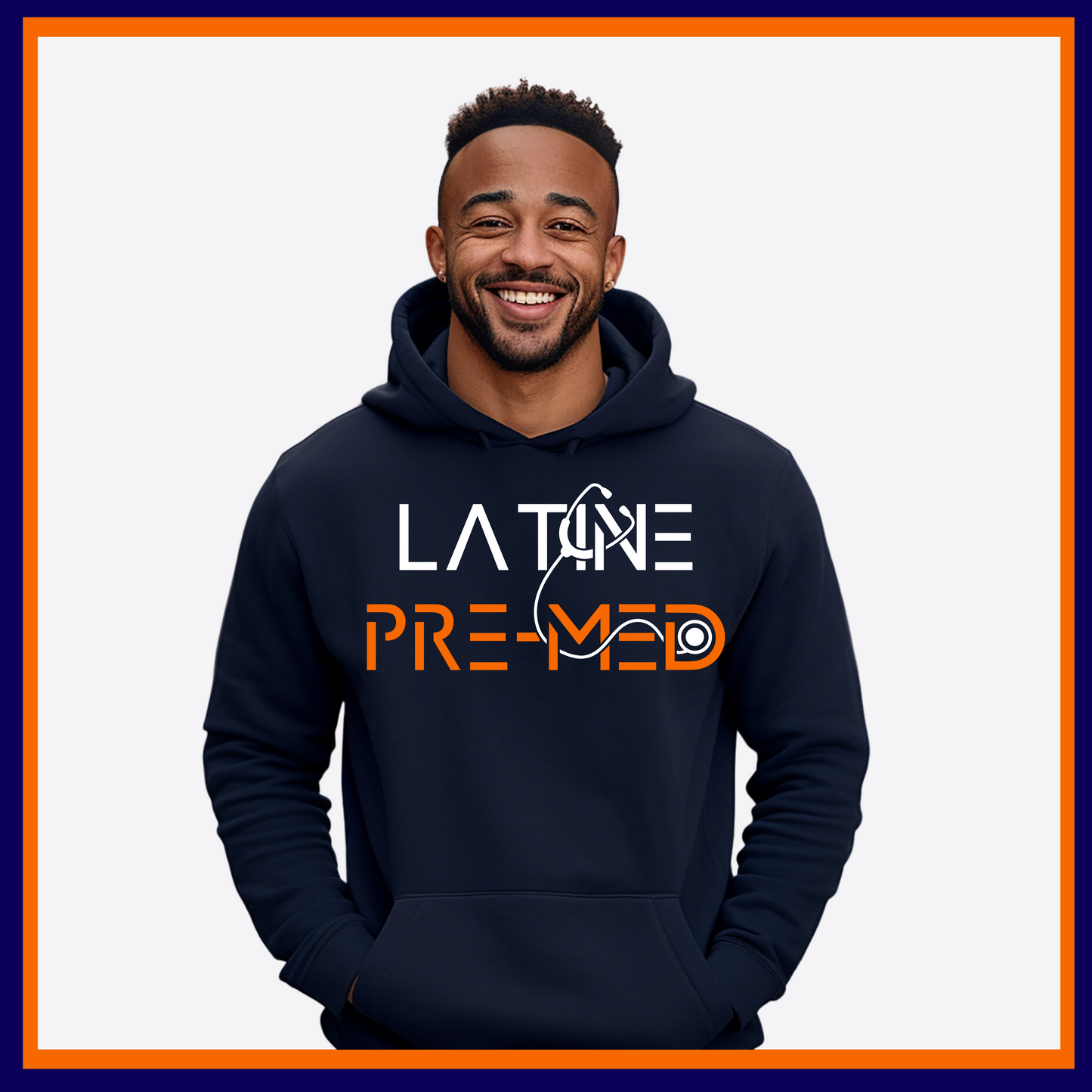 Navy Blue Hoodie with Latine Pre-Med design, ideal for aspiring medical professionals passionate about their journey to medical school.