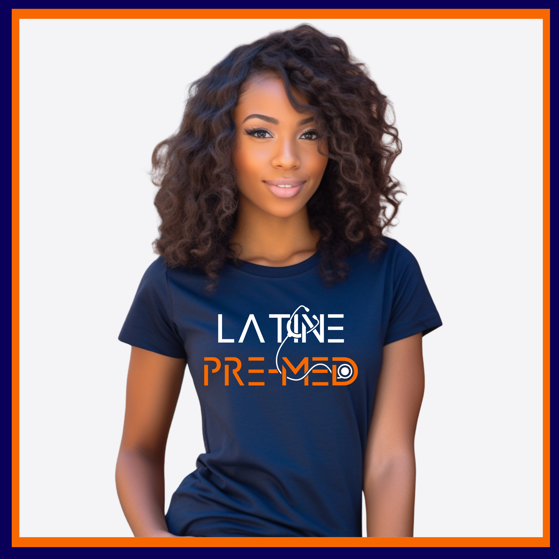 Navy Blue T-shirt with Latine Pre-Med design, ideal for aspiring medical professionals passionate about their journey to medical school.