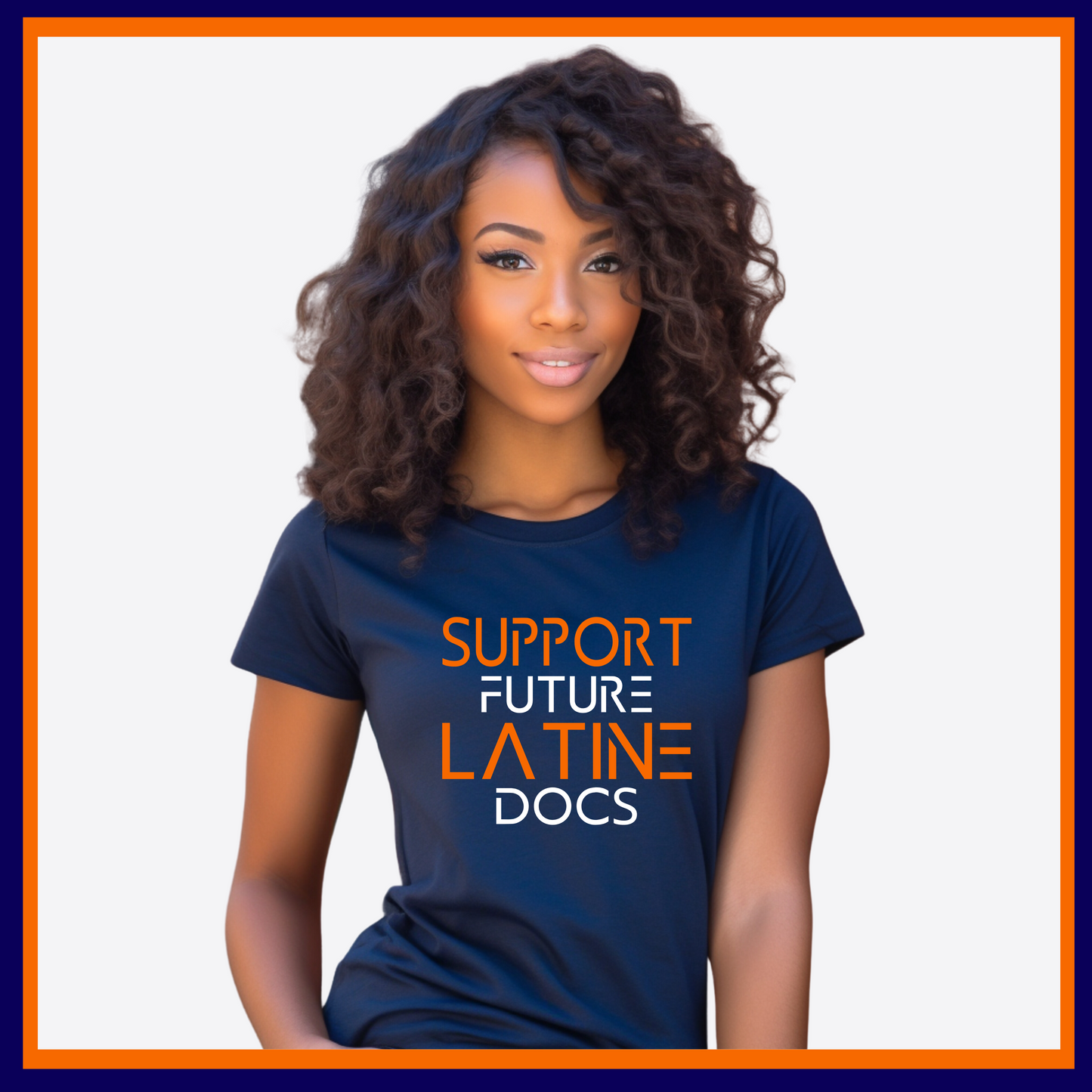 Navy Blue T-Shirt with Support Future Latine Doctors design, advocating for the journey of Latinx individuals aspiring to become doctors.